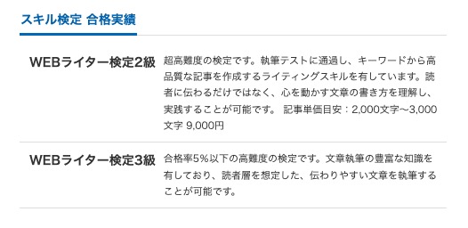 クラウドワークスのプロフィールページ「スキル検定 合格実績」欄に掲載されている「Webライター検定2級」